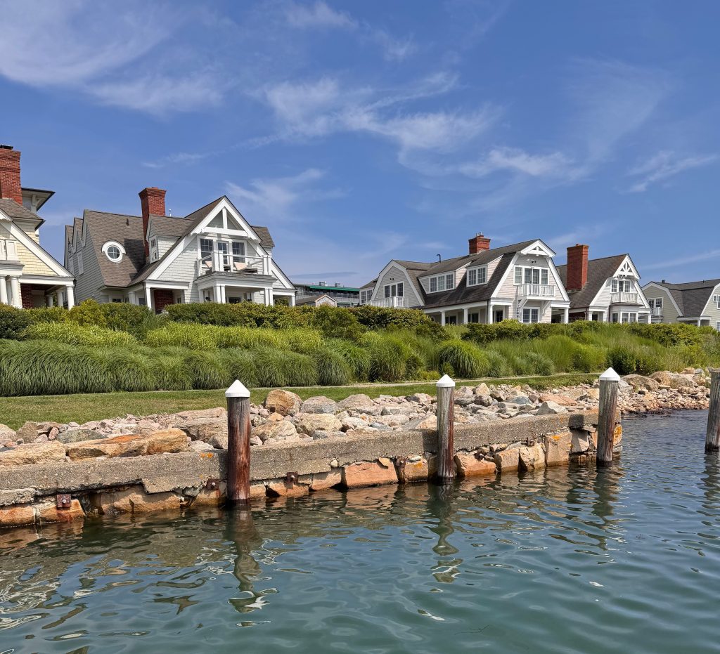 Blue sky with water in the foreground and a dock with green grass and houses behind it.